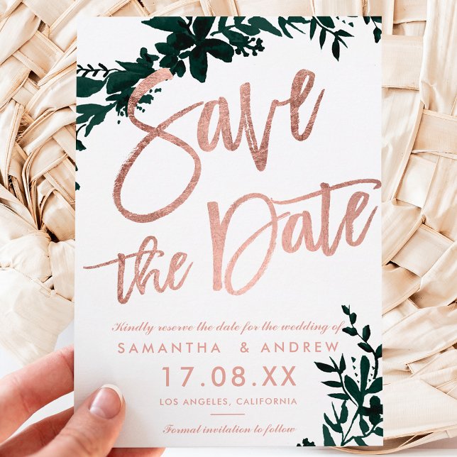 Postal De Anuncios Rose gold script Floral green white save the date (Subido por el creador)