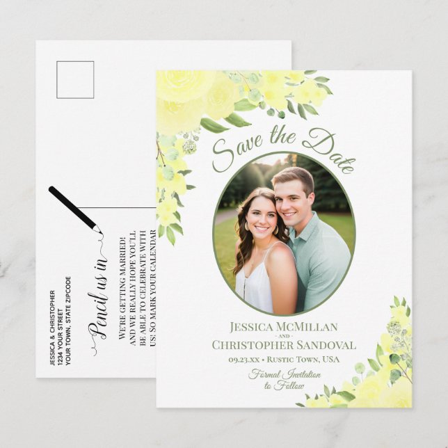 Postal De Anuncios Roses amarillos Oval foto Boho Wedding Save the Da (Anverso / Reverso)
