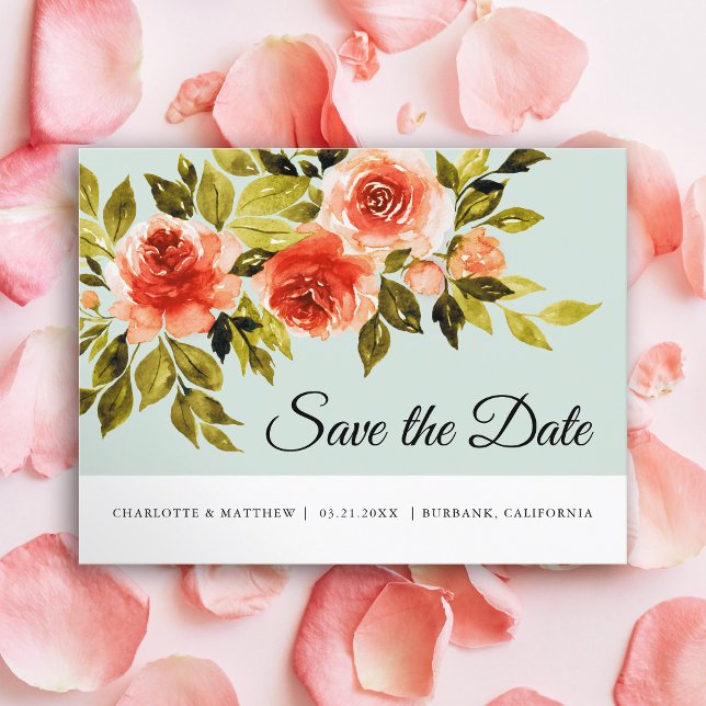 Postal De Anuncios Roses Rojos Acuarela Botánica Guardar La Fecha (Subido por el creador)