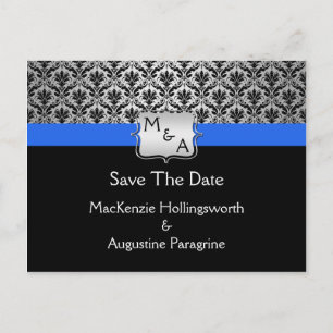 Postal De Anuncios Royal Azul Negro Monograma Damask Save The D