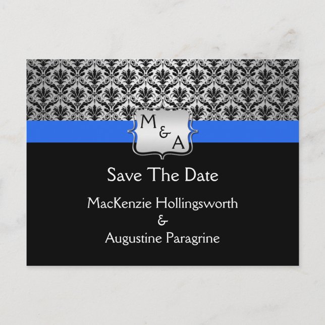 Postal De Anuncios Royal Azul Negro Monograma Damask Save The D (Anverso)