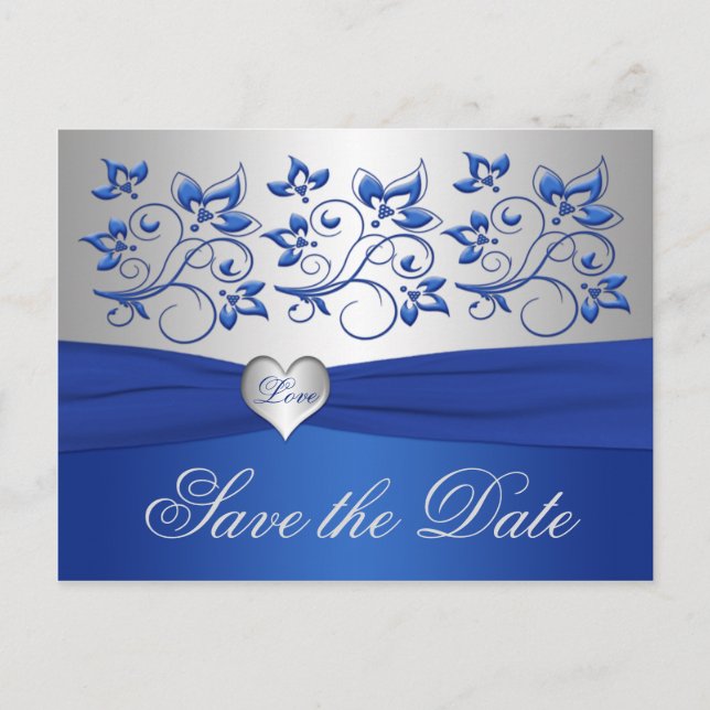 Postal De Anuncios Royal Blue and Silver Heart Save the Date Card (Anverso)
