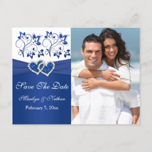 Postal De Anuncios Royal Blue and White Save the Date Photo Card