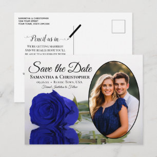 Postal De Anuncios Royal Blue Rosa Óvalo Foto Boda Guardar la Fecha