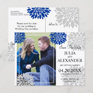 Postal De Anuncios Royal Blue Silver Floral Burst Photo Save the Date