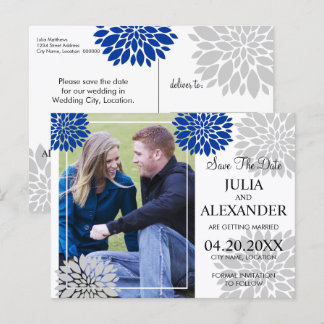 Postal De Anuncios Royal Blue Silver Floral Burst Photo Save the Date