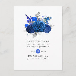 Postal De Anuncios Royal Blue y Floral de Plata Save the Date de Boda