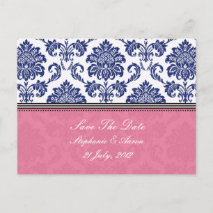 Postal De Anuncios Royal Blue y Rosa Damask Save The Date