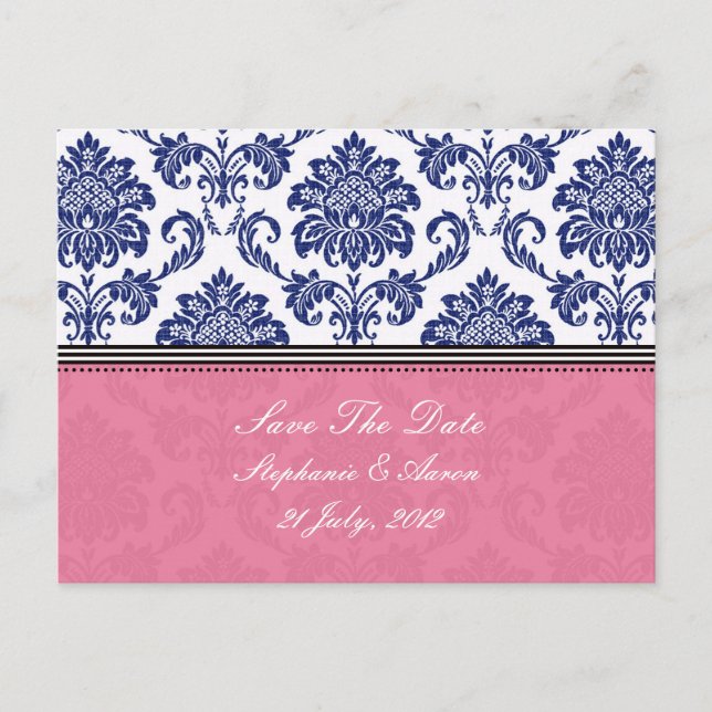 Postal De Anuncios Royal Blue y Rosa Damask Save The Date (Anverso)