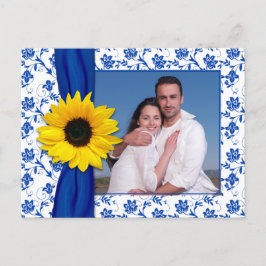 Postal De Anuncios Royal Blue Yellow Damask Sunflower Guardar la fech