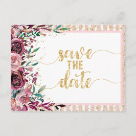 Postal De Anuncios Rubor Flores Stripes & Gold Wedding Salven la fech