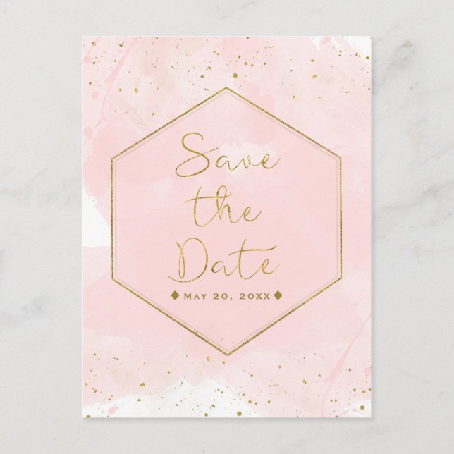Postal De Anuncios Rubor Pink & Gold Splatter Modern Save the Date (Anverso)