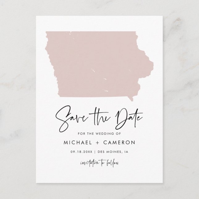 Postal De Anuncios Rubor Pink Iowa Map Script moderno Save the Date (Anverso)