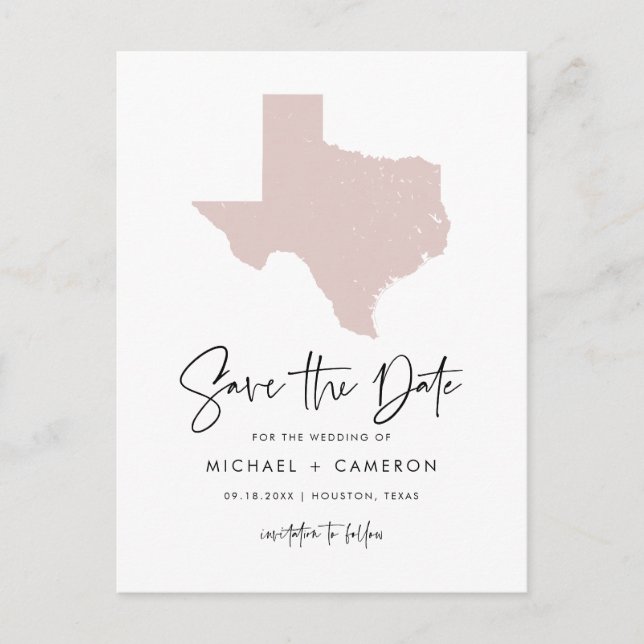 Postal De Anuncios Rubor Pink Texas Map Moderno Script Save the Date (Anverso)