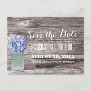 Postal De Anuncios Rustic Blue Hydrangea Mason Jar Wood Save the Date