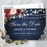 Postal De Anuncios Rustic Blue Wood Lughts Lace Floral Save the Date<br><div class="desc">Rustic Blue Wood String Lights Lace Watercolor Borgoña Floral Save the Date Postcard - Printback</div>