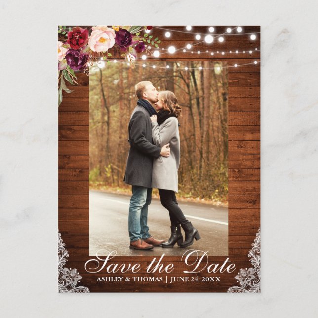 Postal De Anuncios Rustic Burgundy Floral Save the Date Back Text (Anverso)
