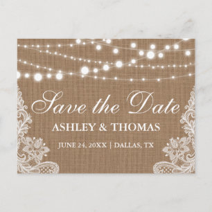 Postal De Anuncios Rustic Burlap String Lughts Lace Save the Date