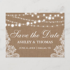 Postal De Anuncios Rustic Burlap String Lughts Lace Save the Date