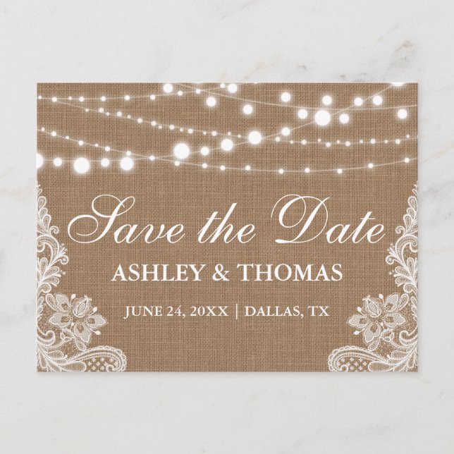 Postal De Anuncios Rustic Burlap String Lughts Lace Save the Date (Anverso)