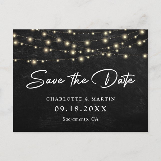 Postal De Anuncios Rustic Chalkboard String Lights Save the Date (Anverso)