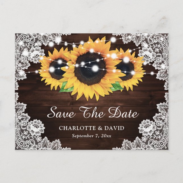 Postal De Anuncios Rustic Chic Madera Encaje Girasol Save The Date (Anverso)