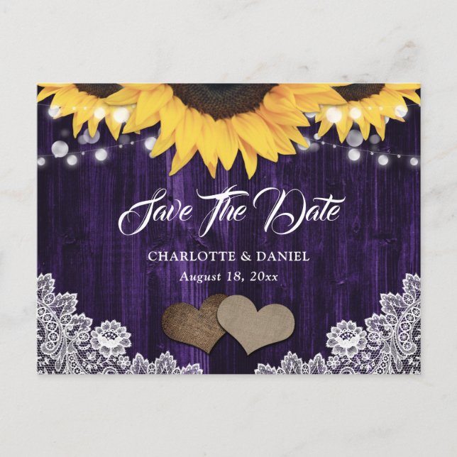Postal De Anuncios Rustic Chic Sunflower Purple Wedding Save The Date (Anverso)