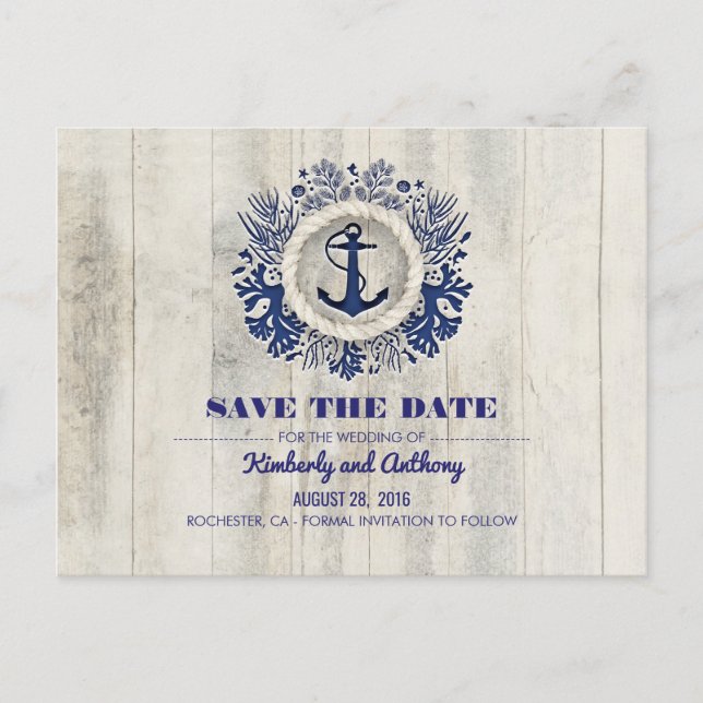 Postal De Anuncios Rustic Driftwood Nautical Navy Beach Save the Date (Anverso)