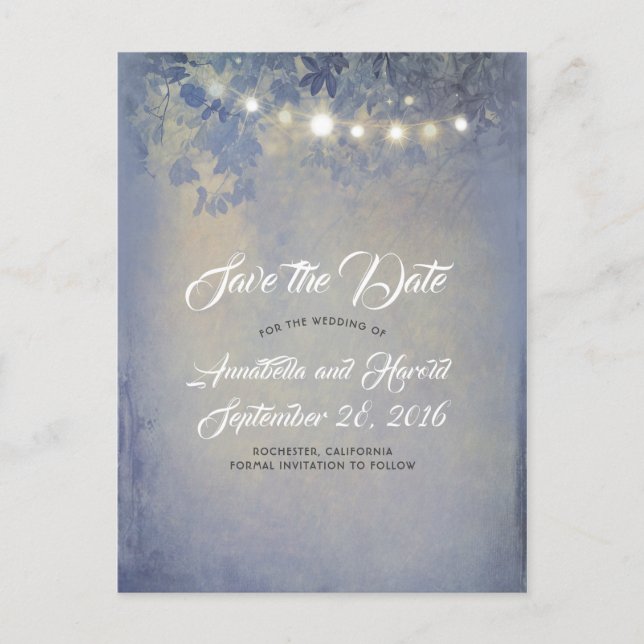 Postal De Anuncios Rustic Dusty Blue String Lights Save the Date (Anverso)