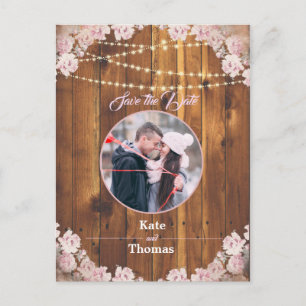 Postal De Anuncios Rustic Floral Light String Wood Save the Date Card