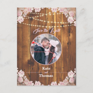 Postal De Anuncios Rustic Floral Light String Wood Save the Date Card