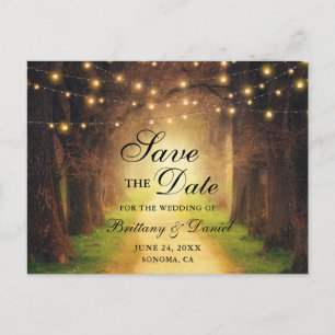 Postal De Anuncios Rustic Forest Path String Lights Save the Date