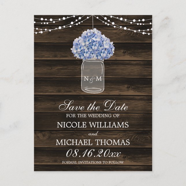 Postal De Anuncios Rustic Hydrangea Mason Jar Barn Wood Save the Date (Anverso)