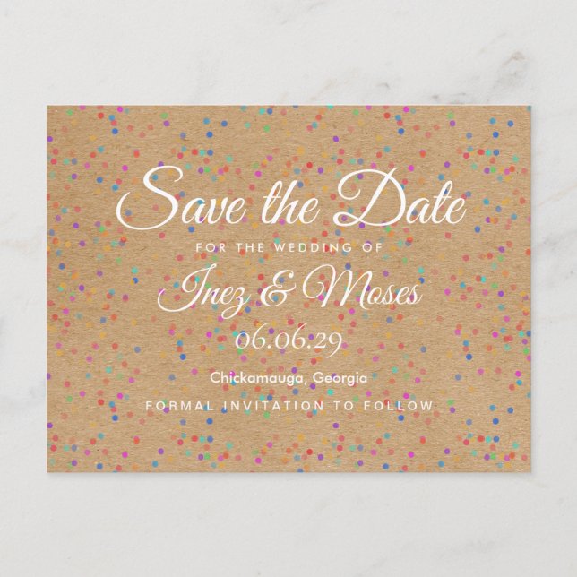Postal De Anuncios Rustic Kraft Arcoíris Confeti Save the Date (Anverso)