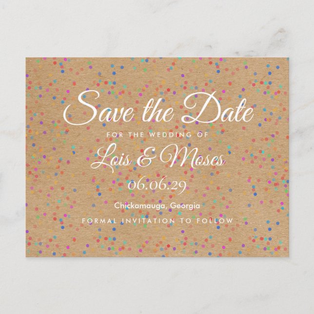 Postal De Anuncios Rustic Kraft Arcoíris Confeti Save the Date (Anverso)