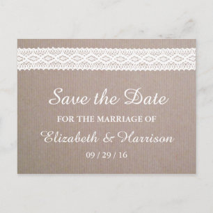 Postal De Anuncios Rustic Kraft & Encaje Blanco Vintage Save The Date