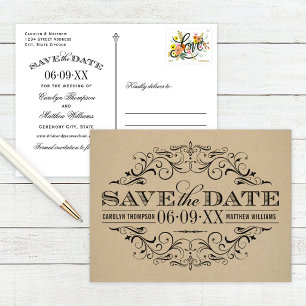 Postal De Anuncios Rustic Kraft Negro Florecer Vintage Guardar la Fec