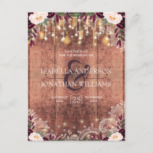 Postal De Anuncios Rustic Lace Wood String Lights Save the Date