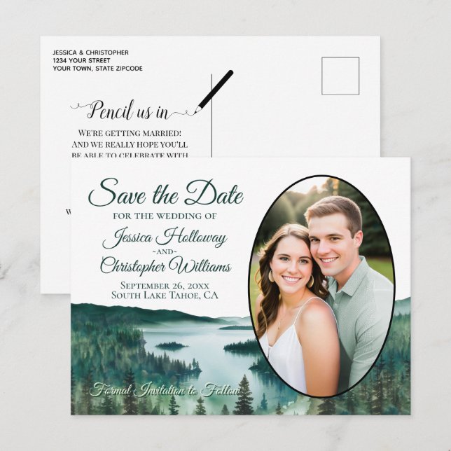 Postal De Anuncios Rustic Lake Tahoe Oval Photo Save The Date (Anverso / Reverso)