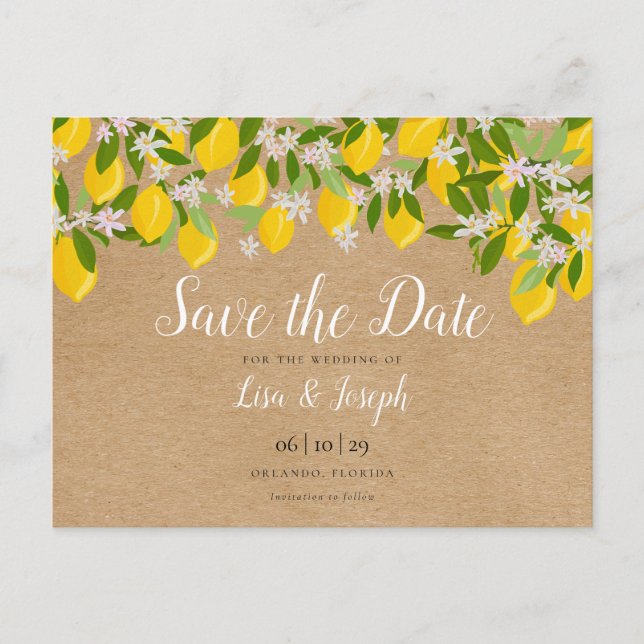 Postal De Anuncios Rustic Lemons Blossom Elegant Save the Date (Anverso)
