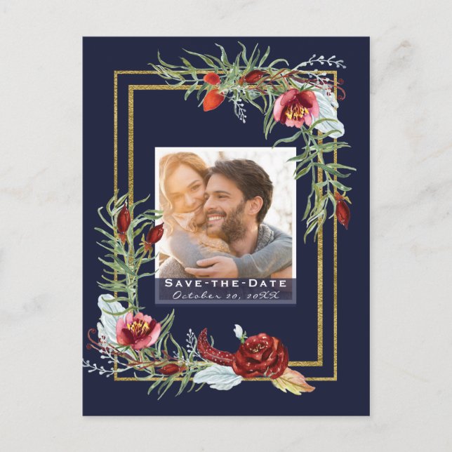 Postal De Anuncios Rustic Marsala Floral Navy Photo Save the Date (Anverso)