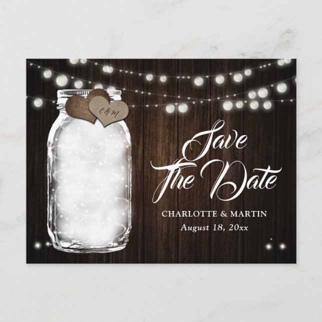 Postal De Anuncios Rustic Mason Jar Enciende La Boda De Madera Salven (Anverso)