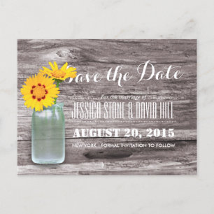 Postal De Anuncios Rustic Mason Jar y Daisy Wood Salven la fecha