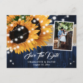 Postal De Anuncios Rustic Navy Blue Wood Sunflower Wedding Photo