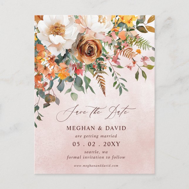 Postal De Anuncios Rustic Orange Floral Fall Save the Date (Anverso)