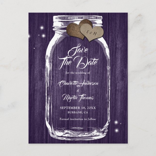Postal De Anuncios Rustic Purple Mason Jar Fall Wedding Save The Date (Anverso)
