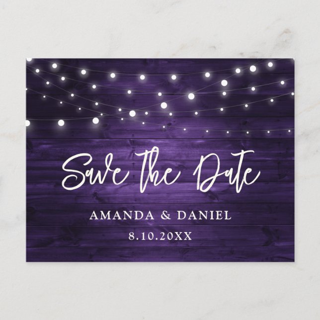 Postal De Anuncios Rustic Purple Wood Lights Wedding Save The Date (Anverso)