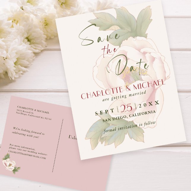 Postal De Anuncios Rustic Rubor Pink Peony Wedding Save the Date (Subido por el creador)