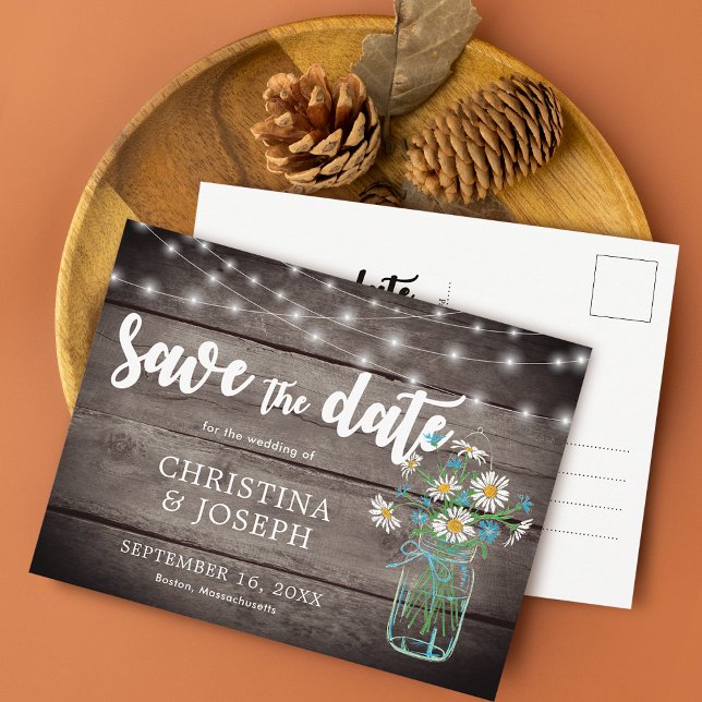 Postal De Anuncios Rustic String Lights Mason Jar Save The Date (Rustic String Lights Mason Jar Save The Date Announcement Postcard)