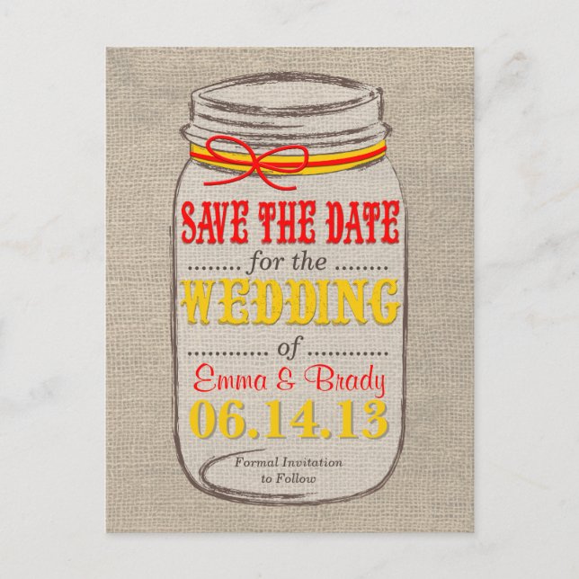 Postal De Anuncios Rustic Sunflower & Mason Jar salvan la fecha (Anverso)